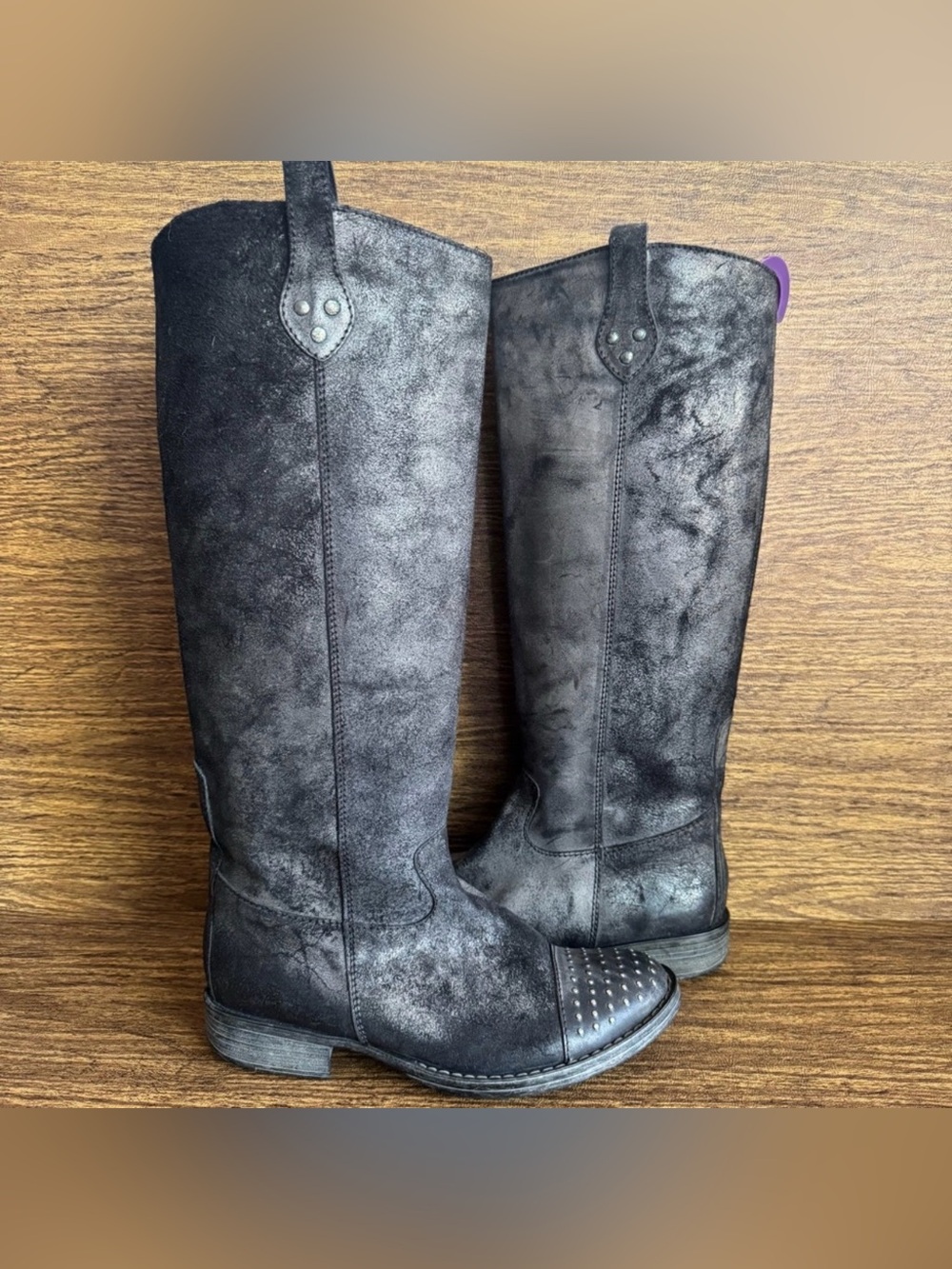 Paola Ferri Grey Black Distressed Suede Studded Moto Motorcycle‎ Boots 39